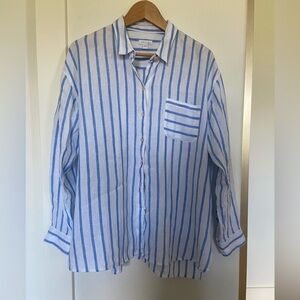 J. Jill Pure Linen Blue and White Striped Oversize Shirt Long Sleeves Size Large